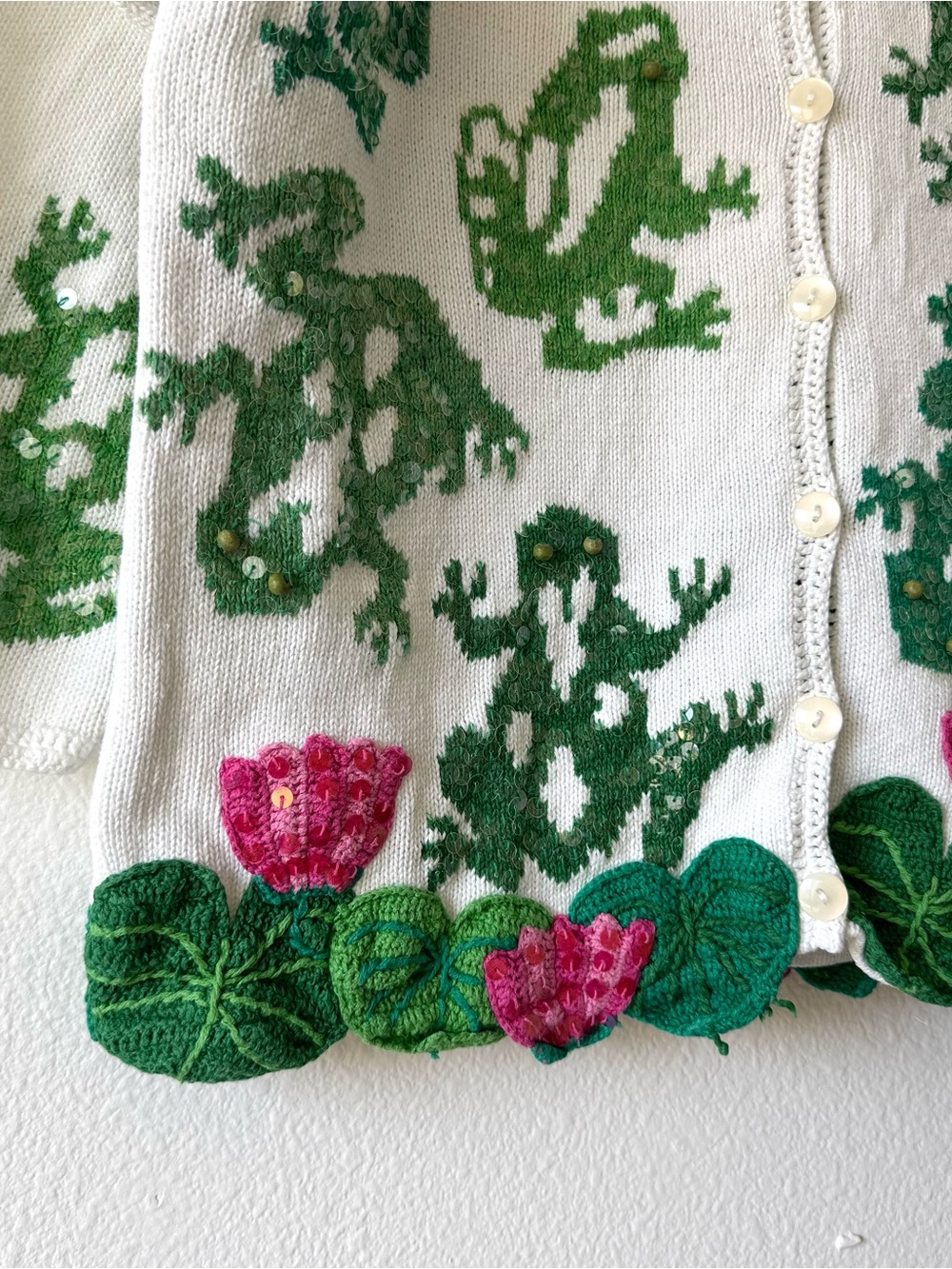 Vintage Janes Closet Frog Lily Pad Sequin Cardigan Sweater Art to Wear - Picture 2 of 12